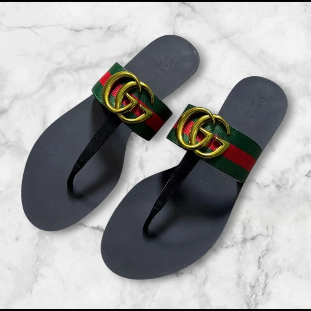 New Elegant Black Thong Sandals with Gold and Green Details w/Shoe Box